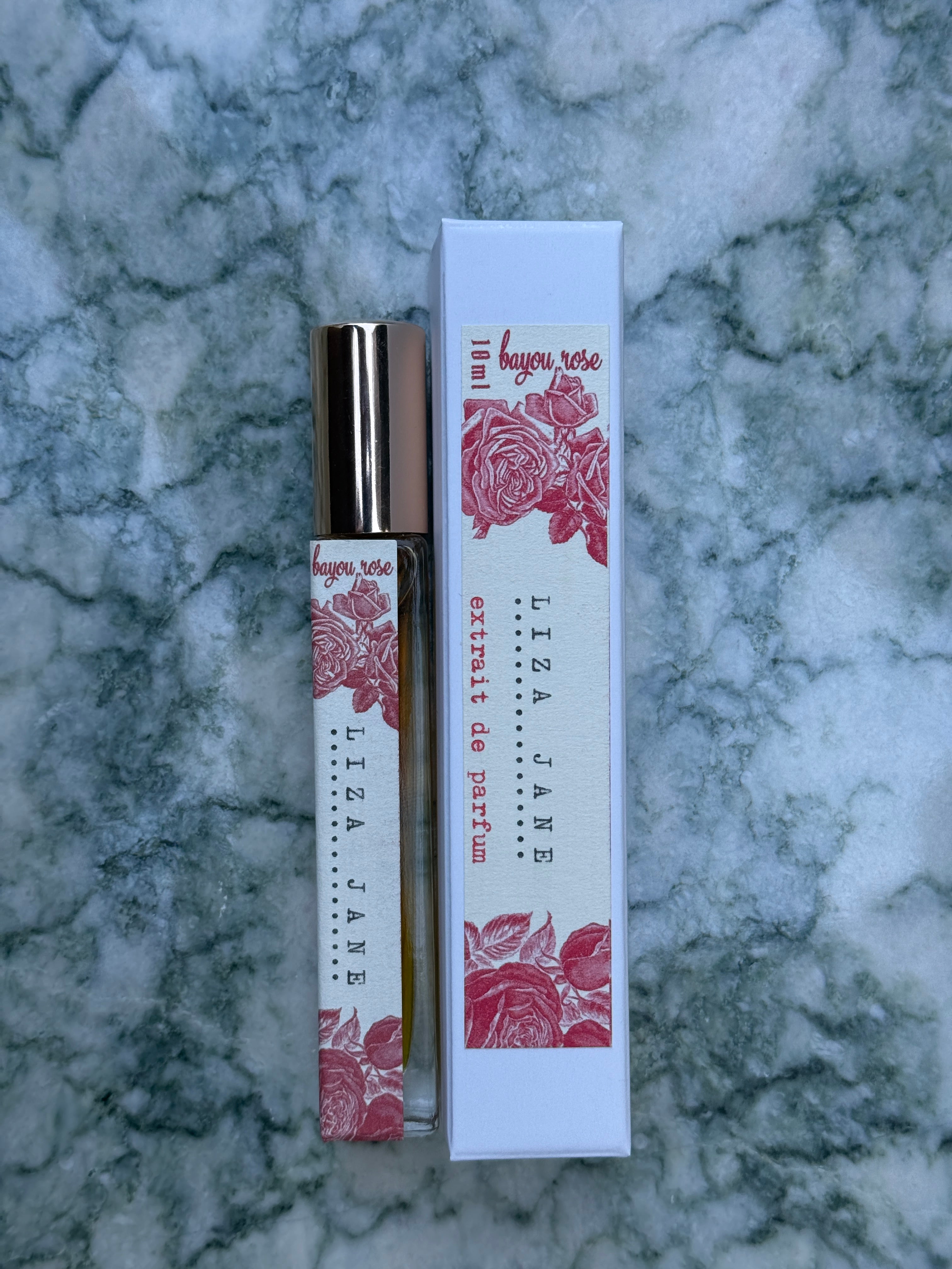 Liza Jane citrus floral extrait de parfum in a 10ml glass bottle travel size with gold cap and gift box from Bayou Rose, New Orleans