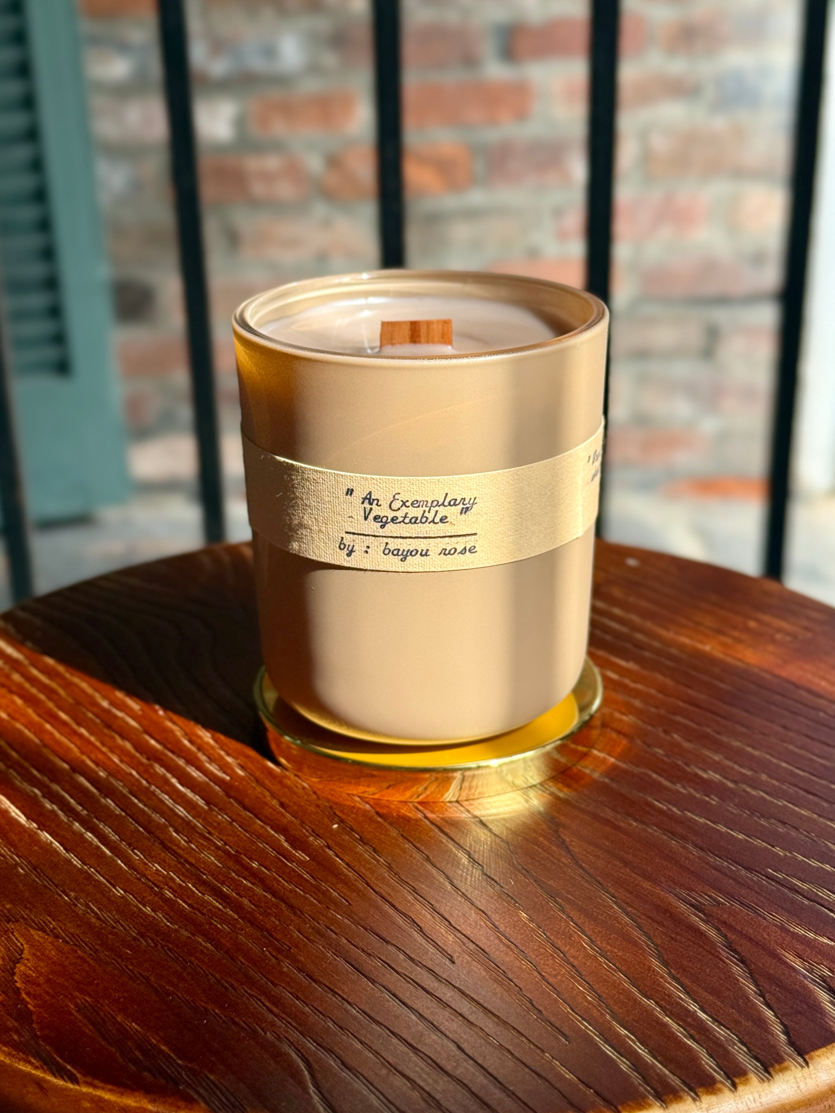 Bayou Rose An Exemplary Vegetable candle - Pride and Prejudice inspired boiled potato savory candle on wood surface