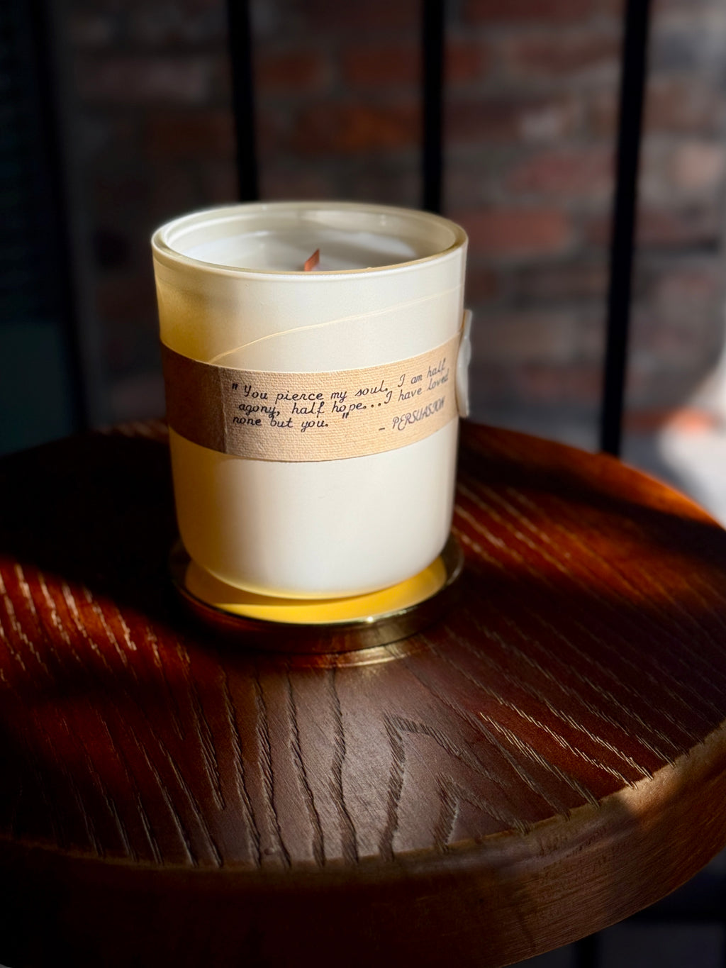 Half Agony Half Hope wood wick candle top view — bergamot, paper accord, black ink, cedarwood, oakmoss, amber