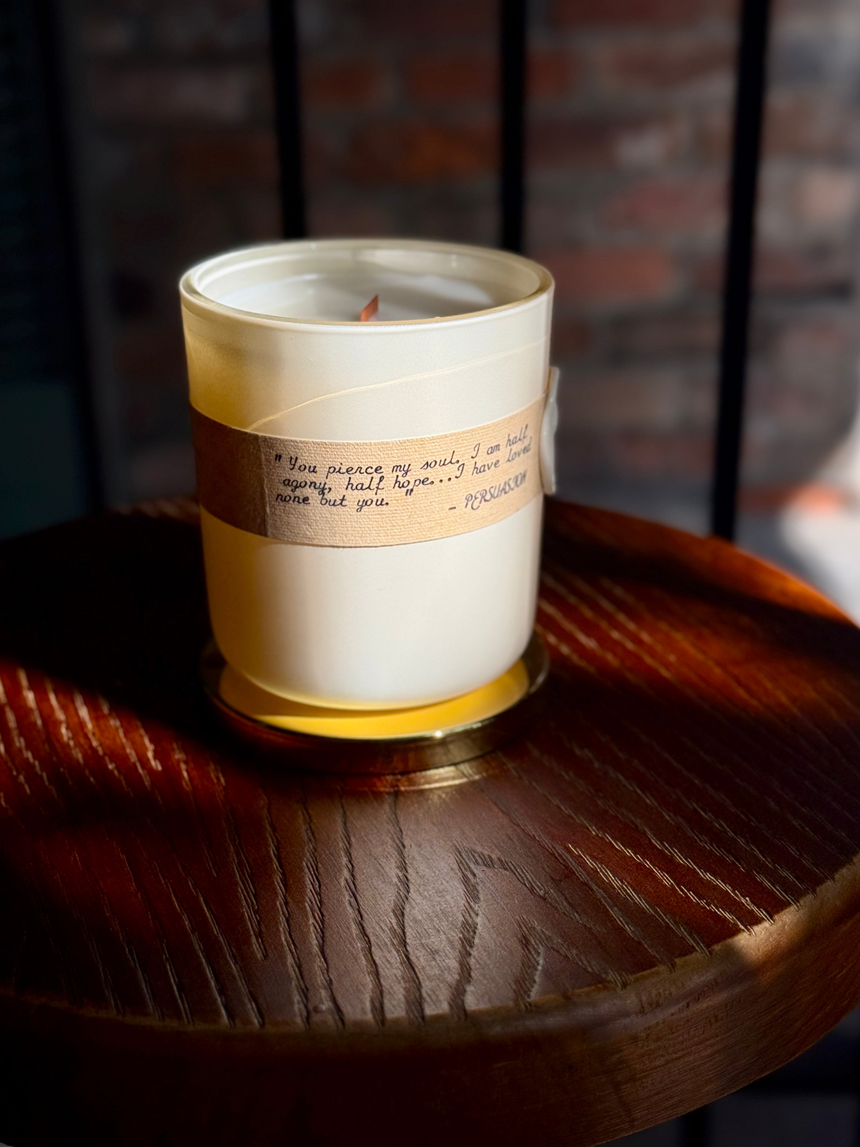 Half Agony Half Hope wood wick candle top view — bergamot, paper accord, black ink, cedarwood, oakmoss, amber