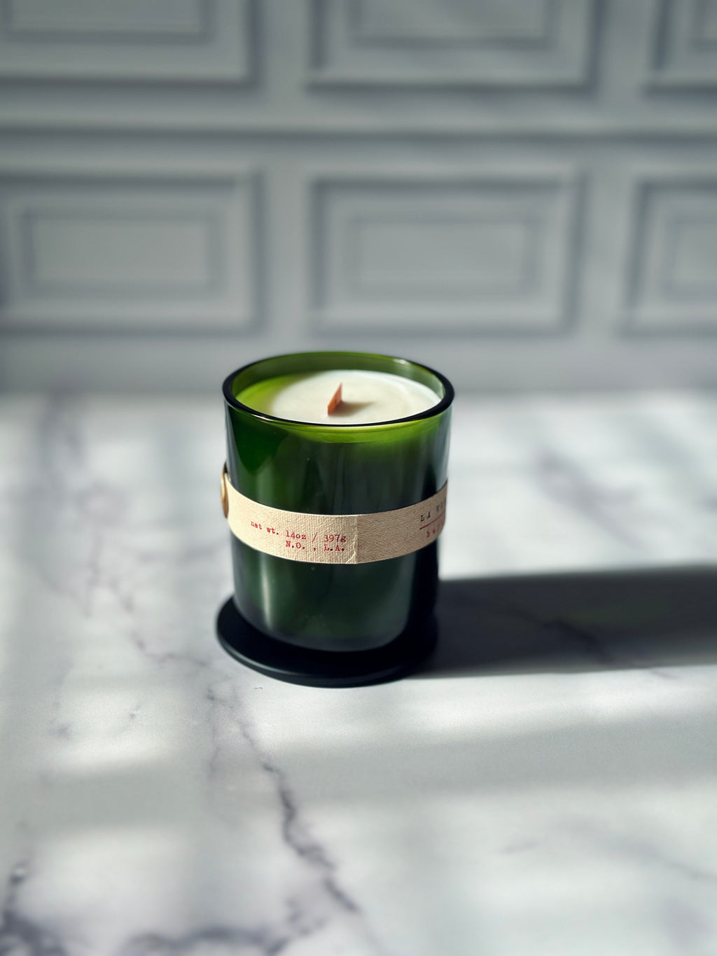 La Vie Boheme 14oz refillable candle label reading net wt 14oz 397g N.O. L.A. — small batch coconut apricot wax candle Bayou Rose