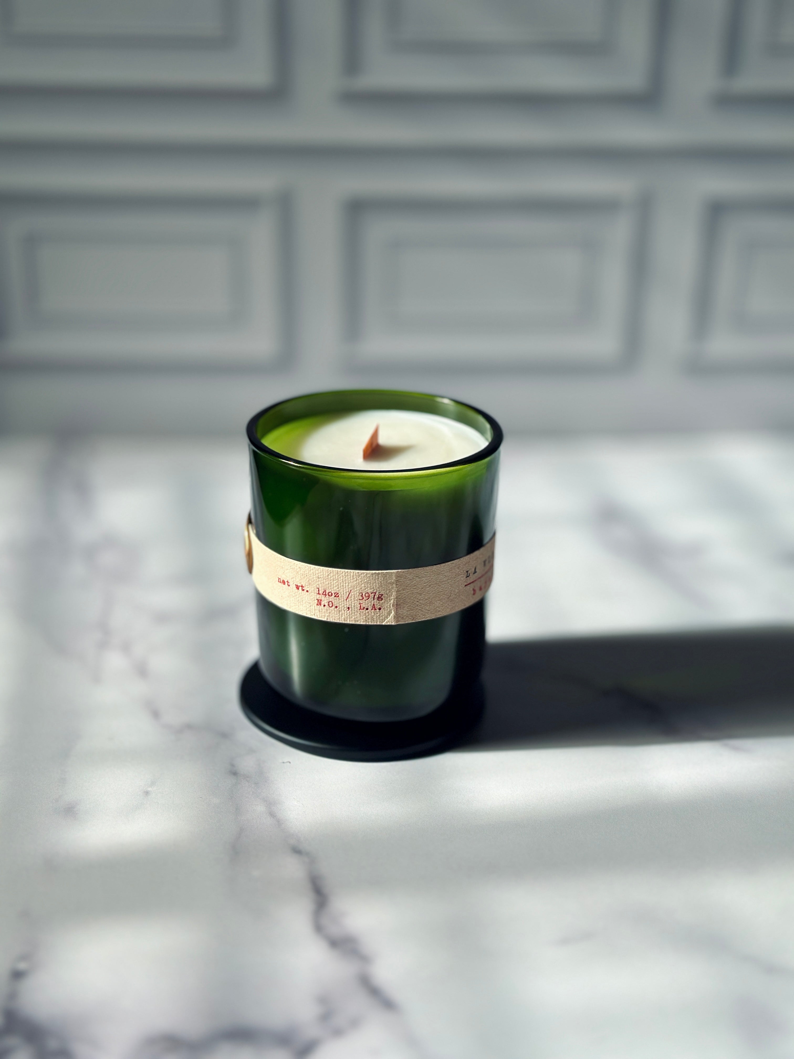 La Vie Boheme 14oz refillable candle label reading net wt 14oz 397g N.O. L.A. — small batch coconut apricot wax candle Bayou Rose